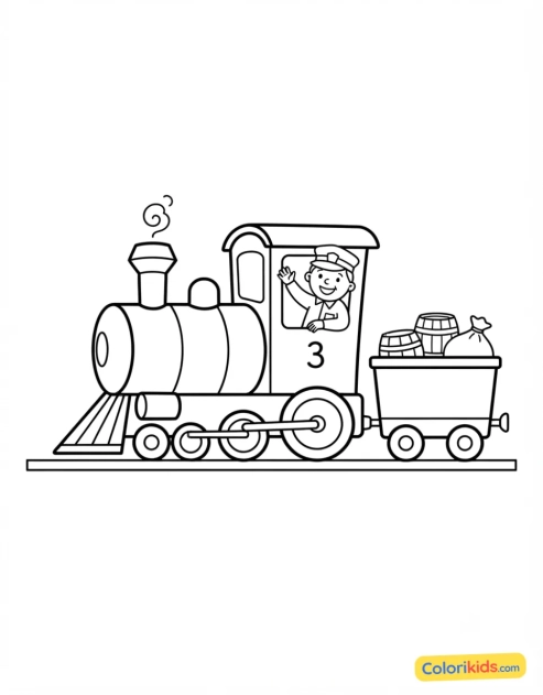 Dibujo para colorear para imprimir: locomotora con un maquinista alegre