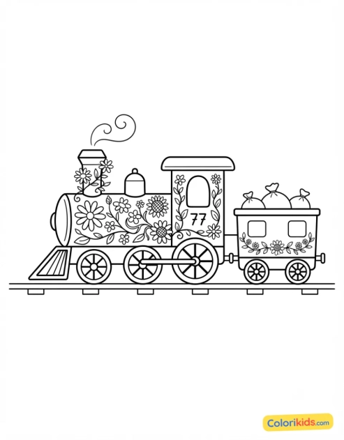 Ausmalbild zum Ausdrucken: lokomotive mit Blumenschmuck