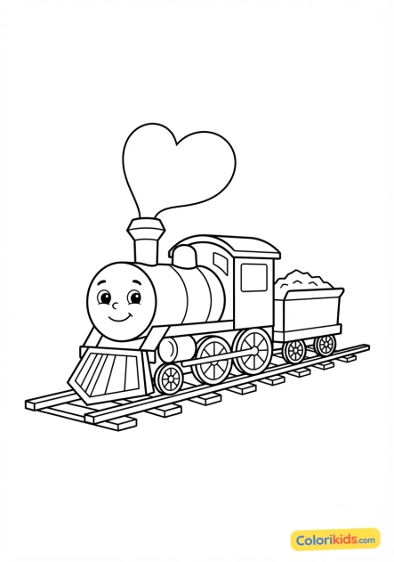 Ausmalbild zum Ausdrucken: lokomotive mit herzförmiger Rauchfahne