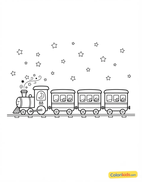Desenho para colorir para imprimir: trem noturno com estrelas ao redor