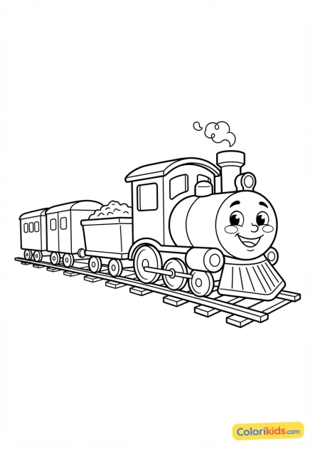 Desenho para colorir para imprimir: pequeno trem de desenho animado sorridente