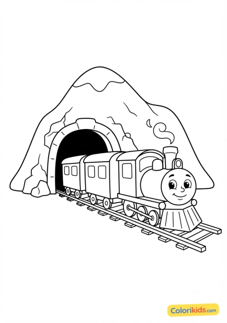 Desenho para colorir para imprimir: trem saindiendo de um túnel de montanha