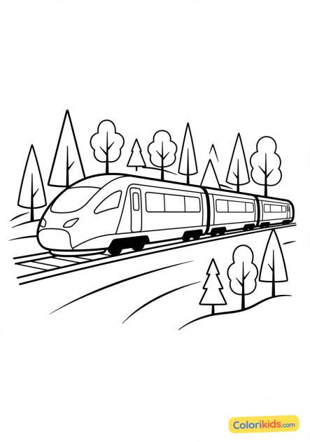 Ausmalbild zum Ausdrucken: zug fährt an einer Waldlandschaft vorbei