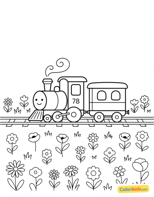 Desenho para colorir para imprimir: trem cruzando um campo de flores