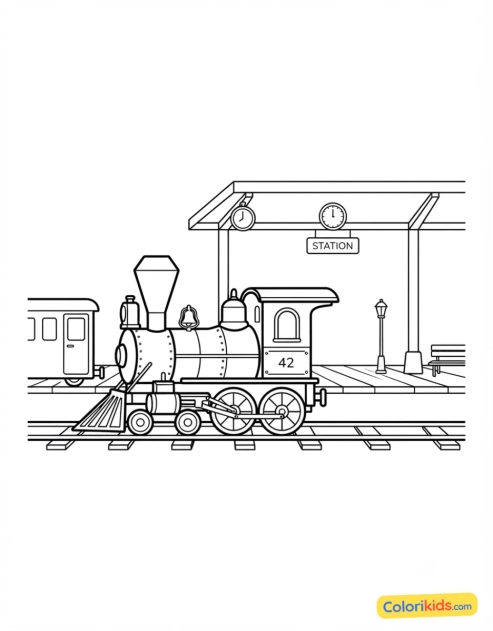 Desenho para colorir para imprimir: locomotiva antiga na estação
