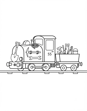 Malvorlage Baustellenlokomotive mit Werkzeugen