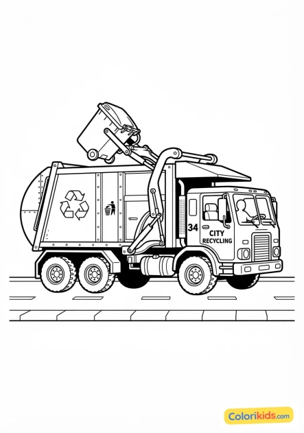 Dibujo para colorear para imprimir: camión de basura con mecanismo de elevación