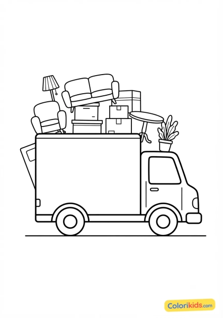 Ausmalbild zum Ausdrucken: umzugslastwagen mit Möbeln
