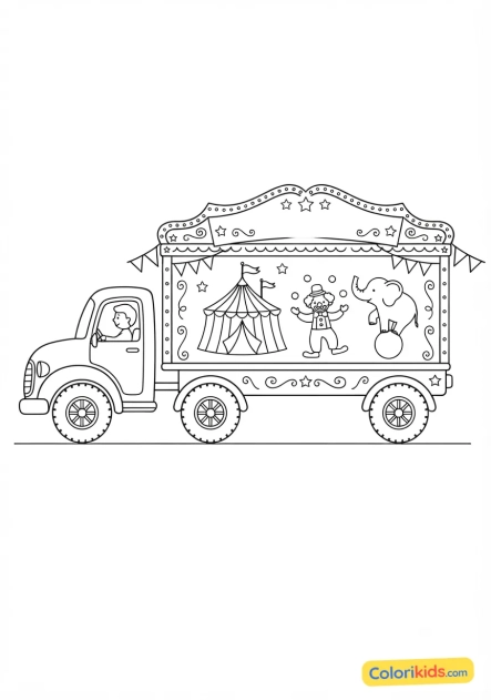 Desenho para colorir para imprimir: caminhão com reboque de circo decorado