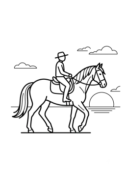 Coloriage Cheval et son cavalier au coucher du soleil