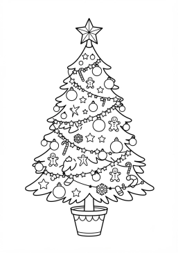Coloriage Grand sapin de Noël richement décoré