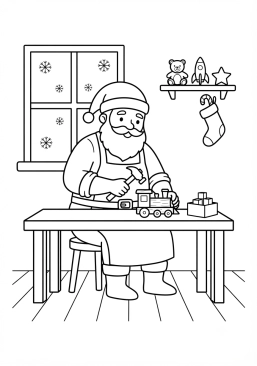 Coloriage Père Noël travaillant dans son atelier