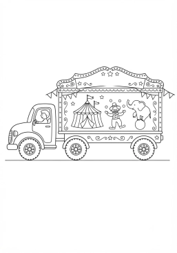 Coloriage Camion avec une remorque de cirque décorée
